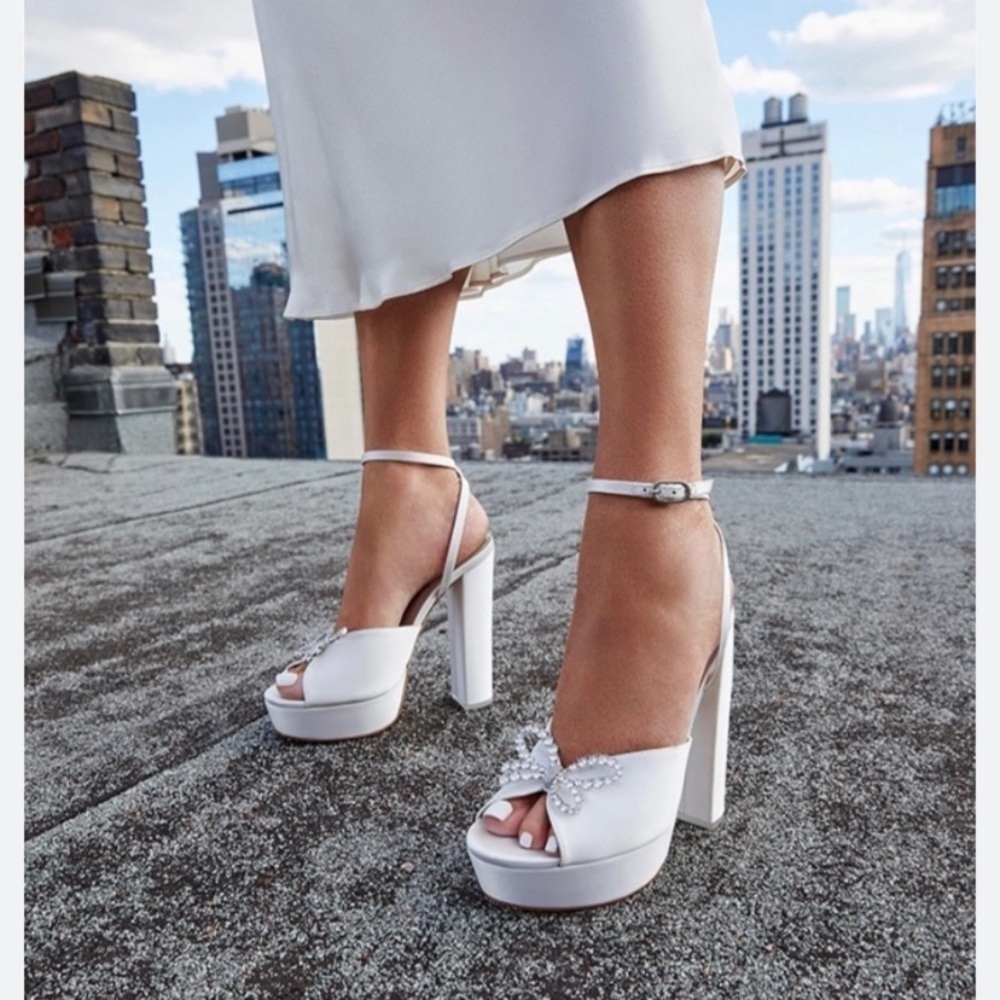 NEW Black Suede Studio Ivory Satin Heels Caroline Platform Crystals Cream 38.5 - Picture 2 of 12